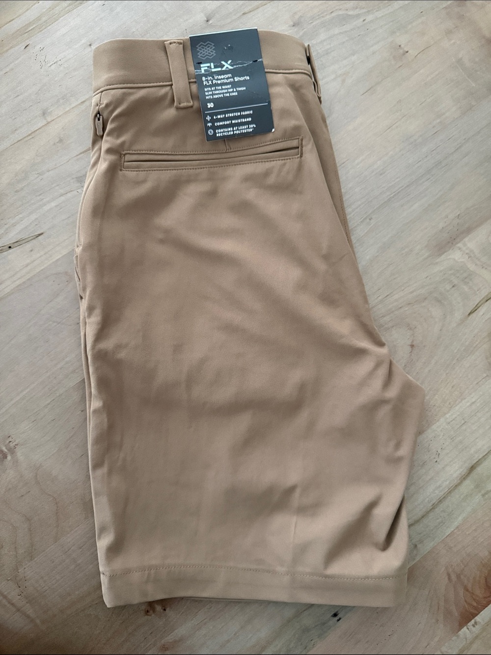 FLX Men’s Flat Front Performance Shorts — Tan